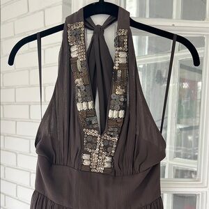 Banana Republic | Elegant Brown Embellished Silk Halter Dress